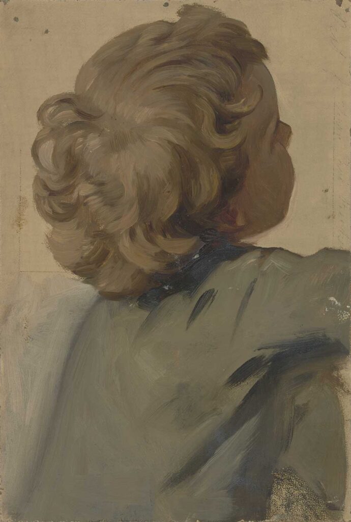 vintage portrait painting of a young farm boy from behind by Jakob Becker for use as free printable wall art