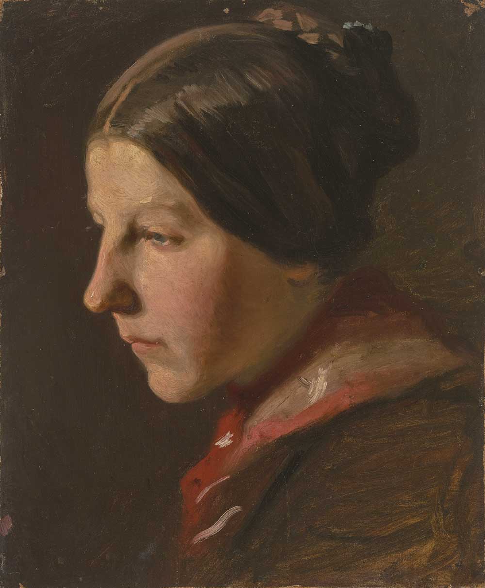 vintage portrait painting of a farm girl by Jakob Becker entitled "Portrait head of a peasant girl (Porträtkopf eines Bauernmädchens)" for use as free printable european wall art