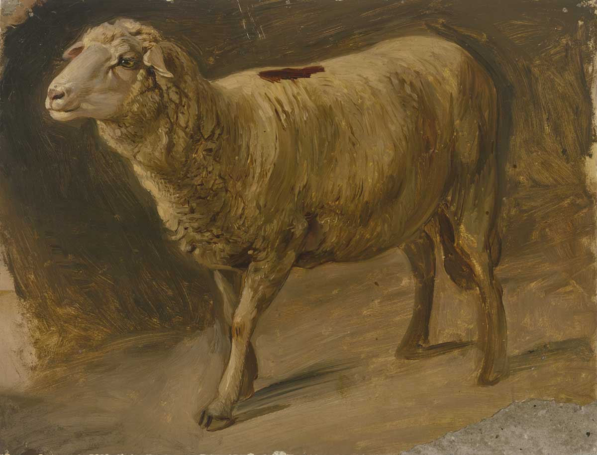 vintage painting of a sheep by Jakob Becker for use as free printable farmhouse wall art decor