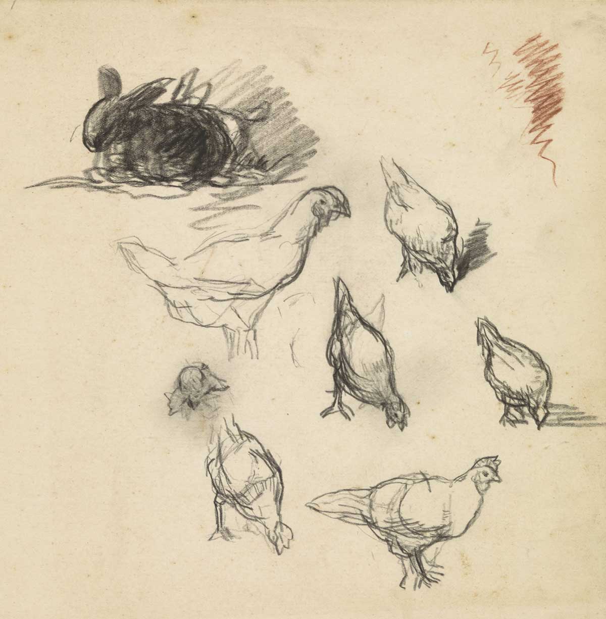 Vintage sketchbook drawing of chickens and a rabbit by Jakob Smits entitled "A study sheet with sketches of chickens and a rabbit (Studieblad met schetsen van kippen en een konijn)" for use as free printable farmhouse wall art