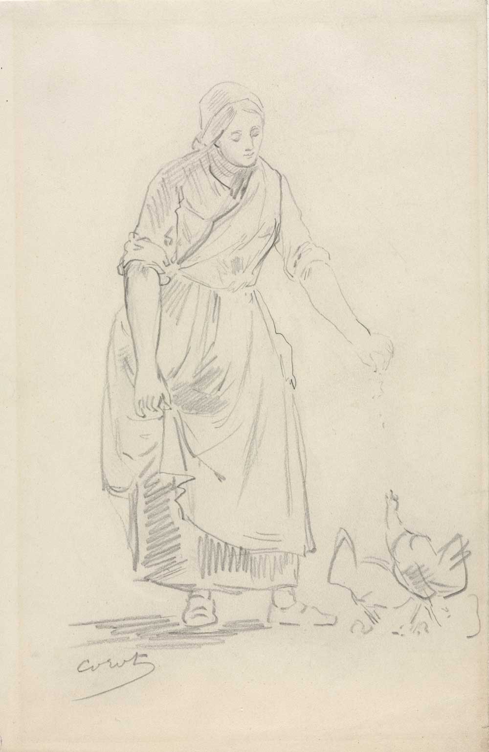 vintage farmhouse sketch of a woman feeding chickens by Jean-Baptiste-Camille Corot entitled "Peasant Girl Feeding Chickens" for use as free printable farmhouse wall art