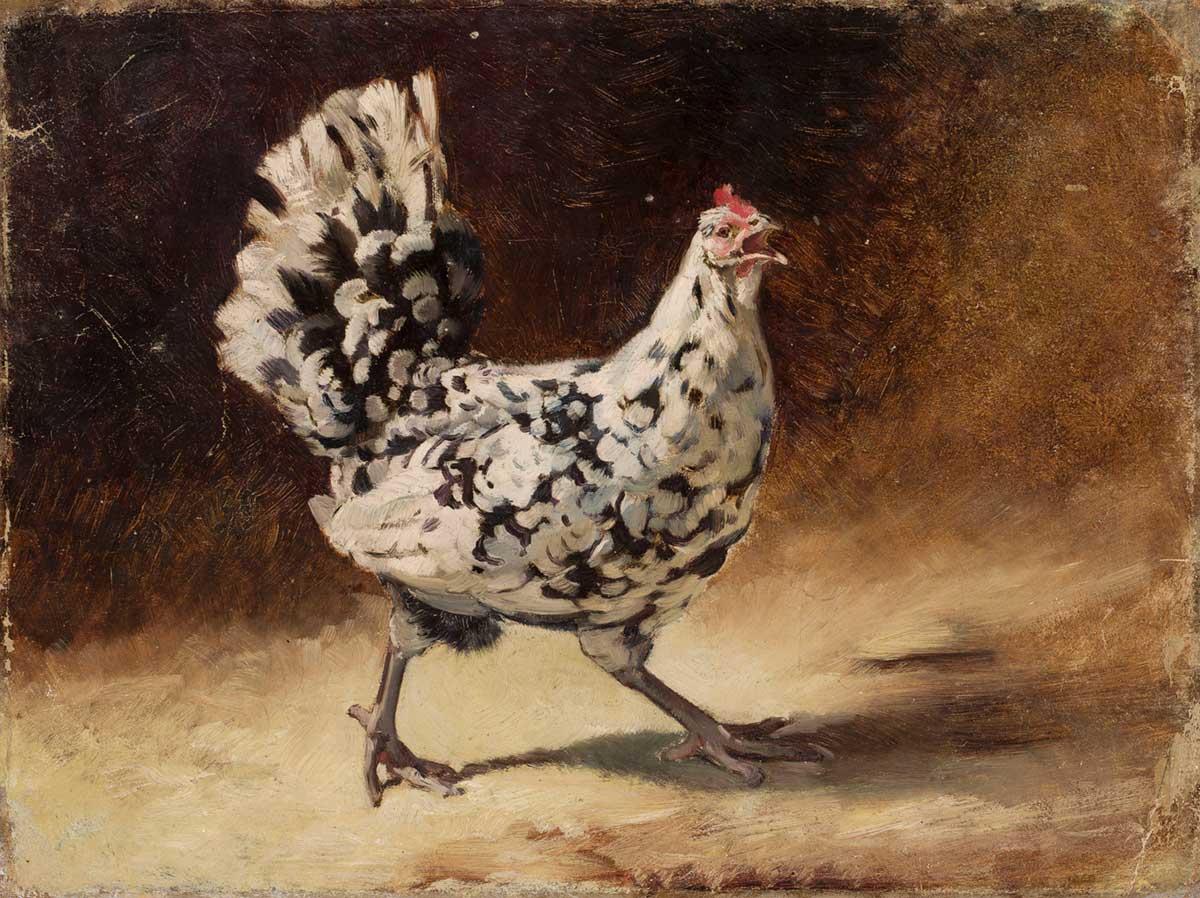 free vintage european oil painting of a chicken by Jean Lulvès entitled "Hen"