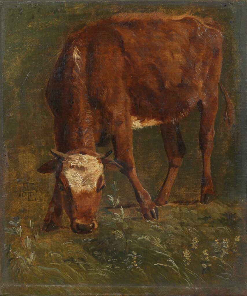 vintage cow painting by Johan Lundbye entitled "Grazing red heifer. Study" for use as free printable wall art