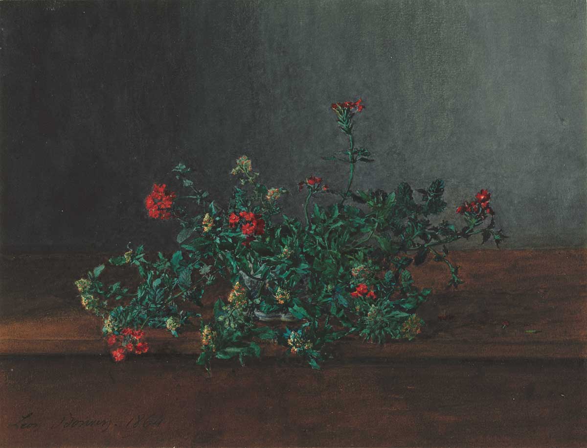 vintage flower art by Léon Bonvin entitled "Still Life with Wild Flowers" for use as free printable wall art