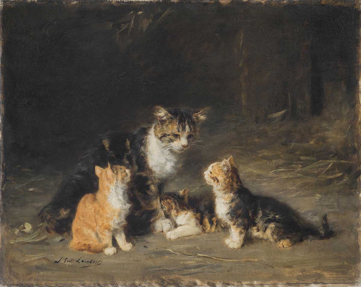 free vintage cat painting of a cat and three kittens by Louis-Eugène Lambert for use as free printable wall art