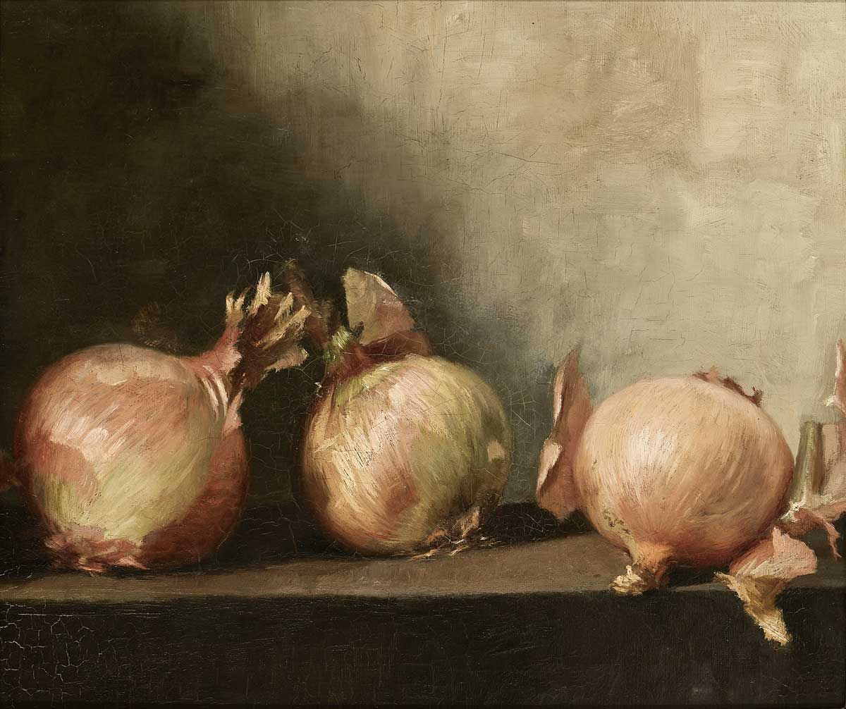 vintage painting of onions by Peter Ilsted entitled "Opstilling med tre løg" for use as free printable kitchen wall art