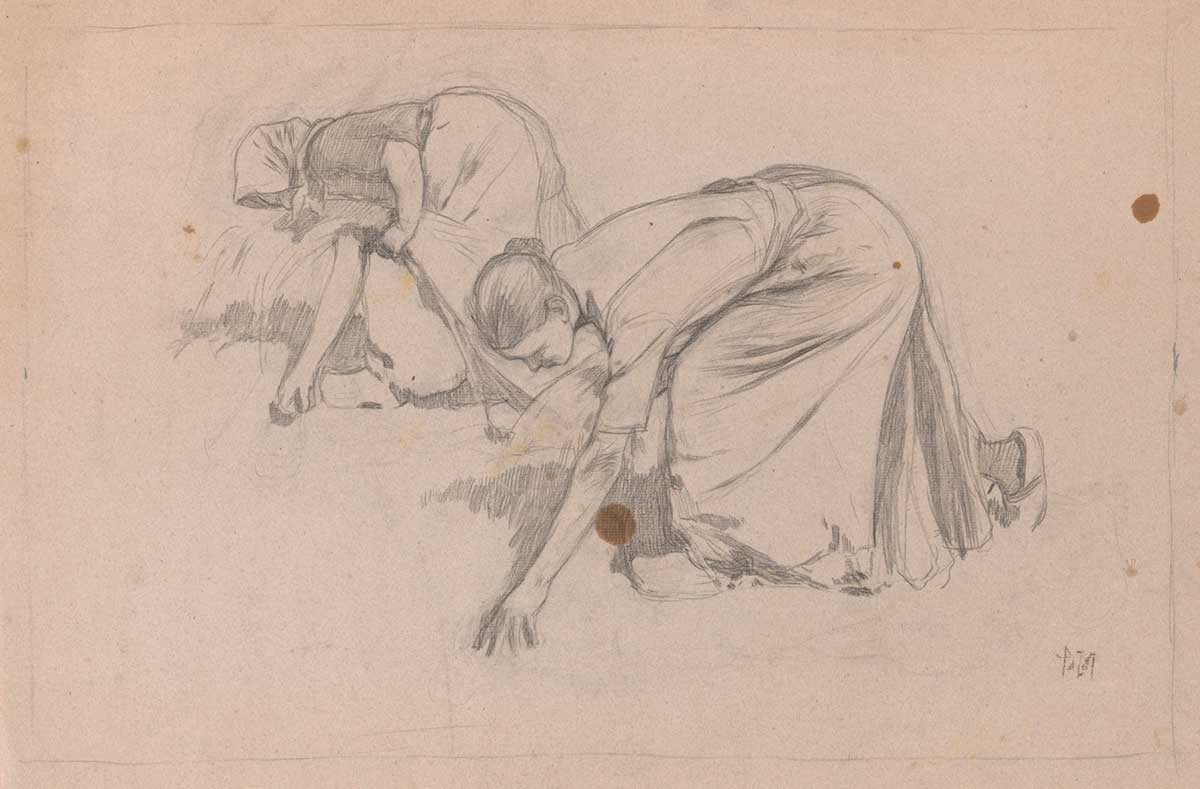free vintage sketch of two female farm hands by  Pieter de Josselin de Jong entitled "'Sheaf Binders (Schovenbindsters)" for use as free printable farmhouse wall art