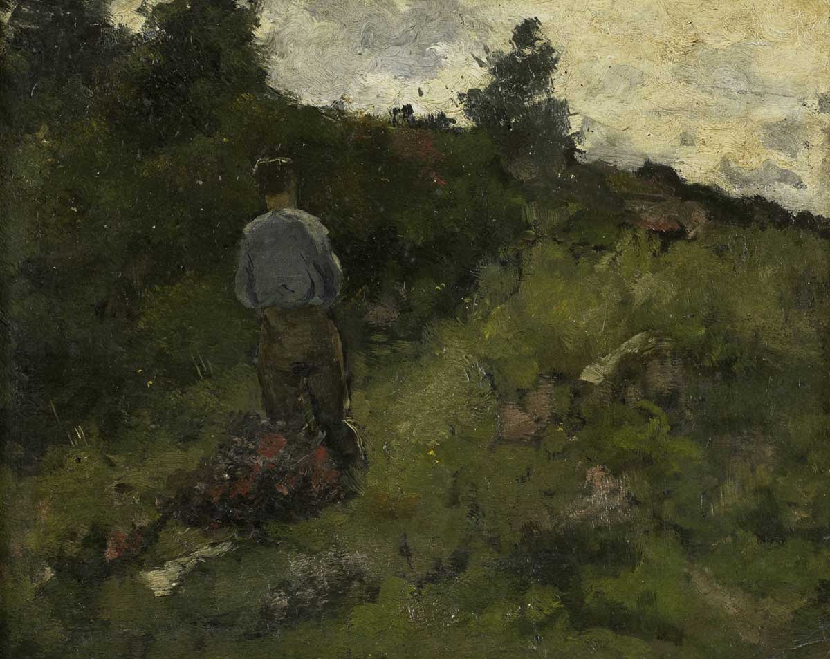 vintage landscape painting with a farmer at the edge of a forest by Richard Nicolaüs Roland Holst for use as free printable farmhouse wall art