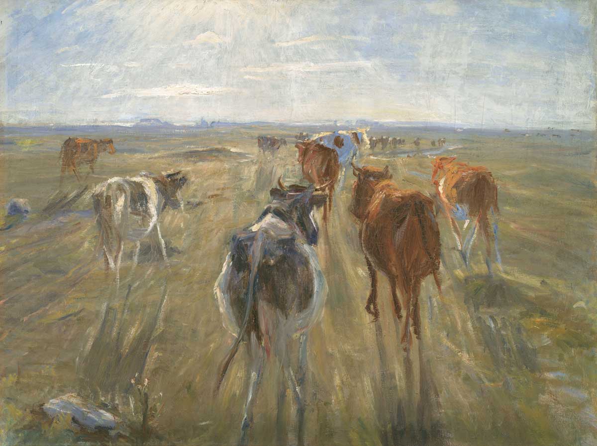 vintage painting of cattle walking in a pasture by Theodor Philipsen for use as free printable farmhouse wall art