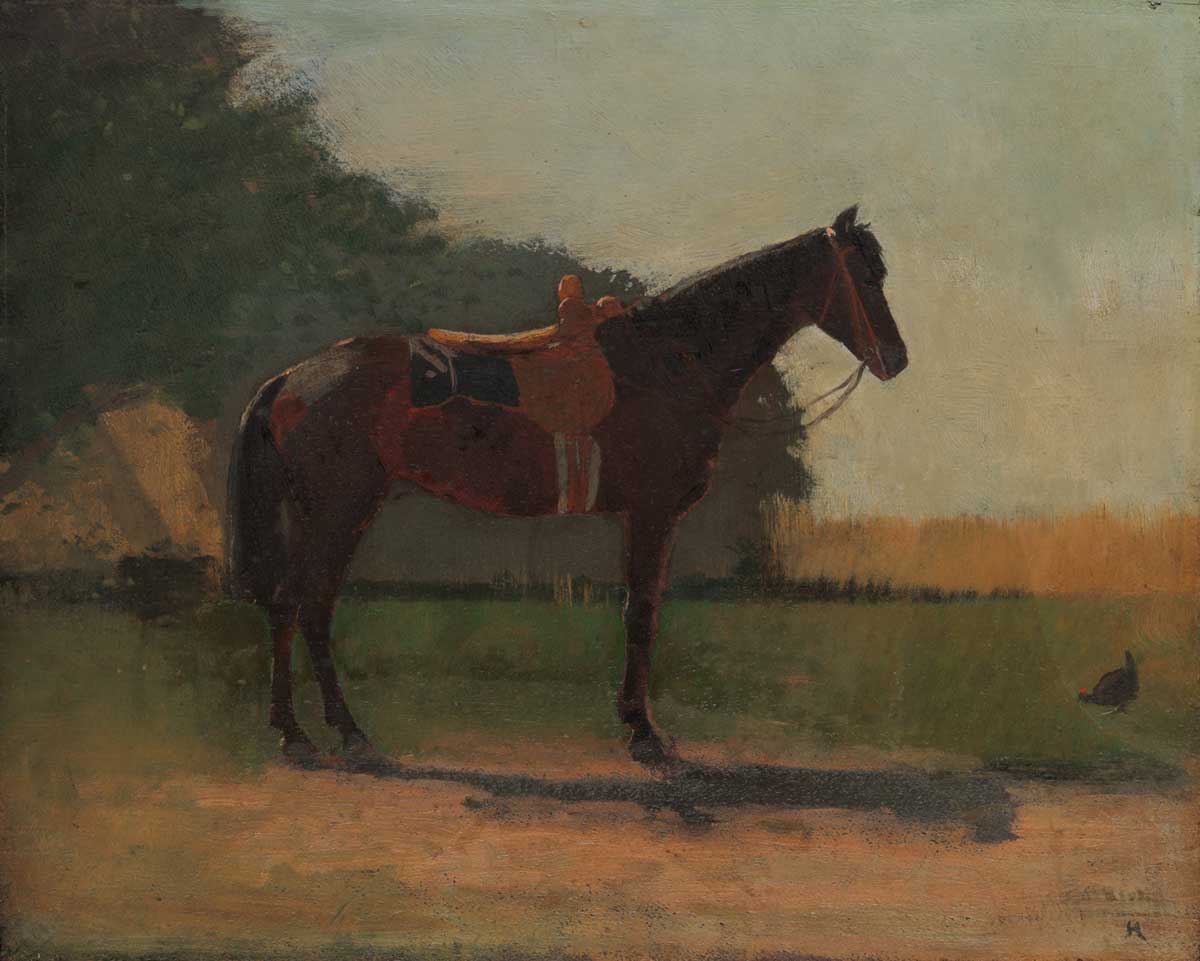 vintage horse painting by Winslow Homer entitled "Saddle Horse in Farm Yard" for use as free printable wall art