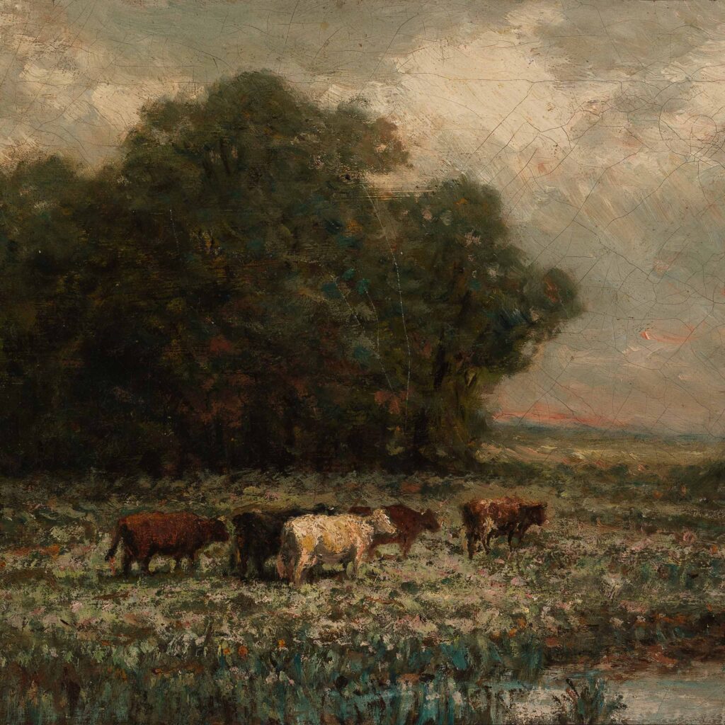 Hero image for free printable vintage art collection: A moody 1800s oil painting by Edward Mitchell Bannister featuring cattle grazing in a pastoral landscape, perfect for European cottage decor and historic farmhouse decor.